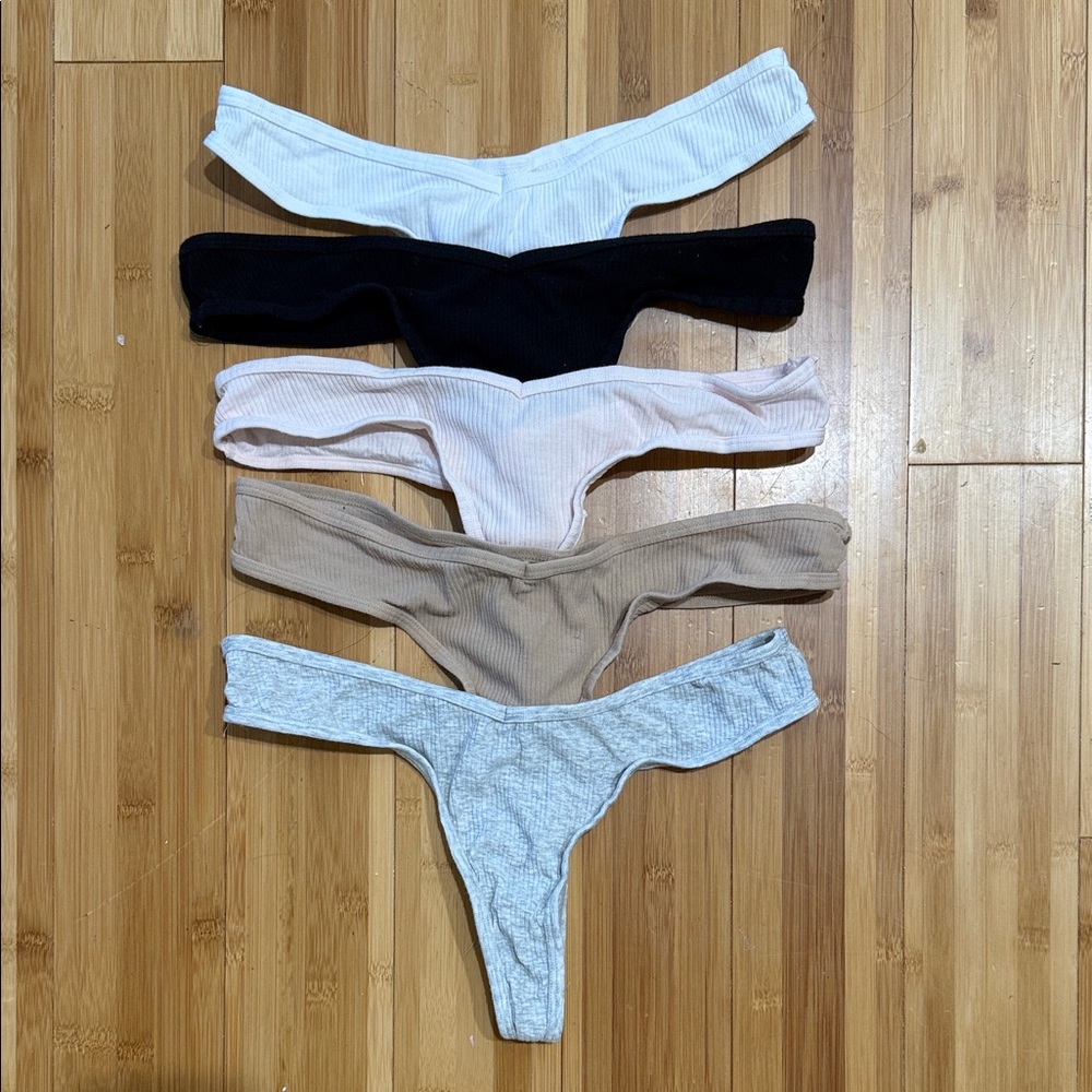 5-Pack Ribbed Thong Undies in White, Black, Pink, Taupe, Heather Gray- NWT